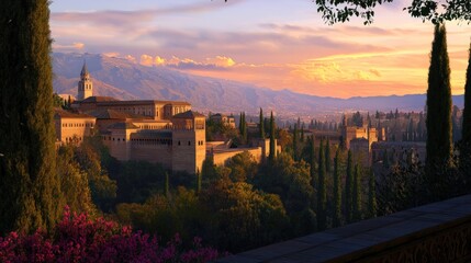 Fototapeta premium Sunset view of Alhambra Palace, mountains, and cypress trees.