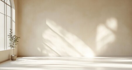 Minimalistic interior scene with soft natural light and shadows on beige wall for clean product presentation