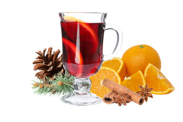 PNG, Mulled wine, drink in a glass with ingredients, isolated on white background