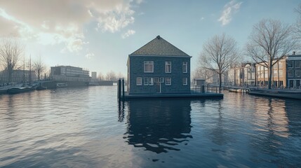 Fototapeta premium Houseboat on calm canal, city backdrop.