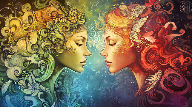 Artistic representation of Gemini twins with vibrant colors and intricate details