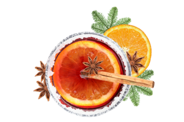 PNG, Mulled wine, drink in a glass with ingredients, isolated on white background