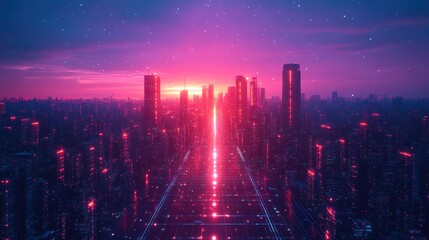 Obraz premium Futuristic city skyline at sunset with glowing road.
