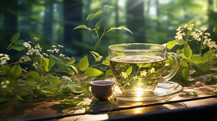 A cup of green tea with morning light shining through green leaves