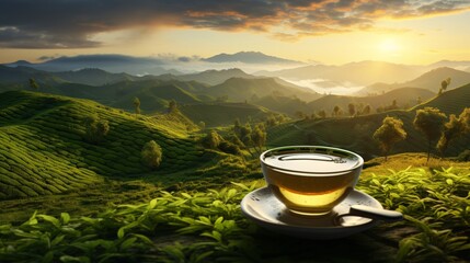 A cup of green tea with a beautiful sunrise over rolling green hills