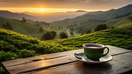 A cup of green tea with a beautiful sunrise over rolling green hills