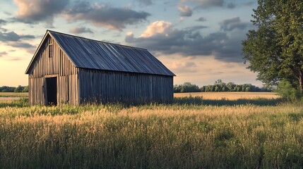 Fototapeta premium Rustic Wooden Barn in a Golden Wheat Field at Sunset. Concept of rural charm, tranquility, and nostalgia.