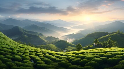 A serene sunrise with a cup of green tea and misty green hills