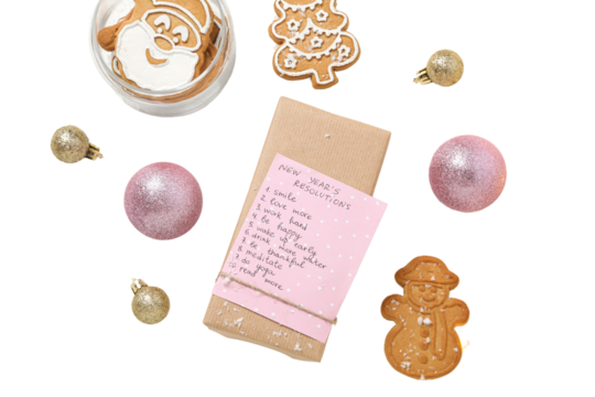 PNG, new year's resolutions, notebook with new year's decor, isolated on white background.