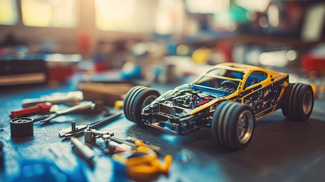 Detailed Close-Up of a Model Car on a Workshop Table with Tools