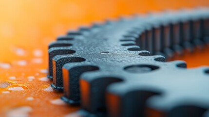 Close-up of a dark gray gear chain on an orange background with water droplets.