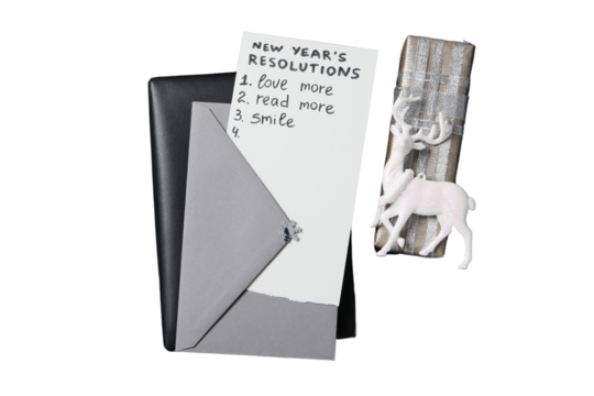 PNG, new year's resolutions, notebook with new year's decor, isolated on white background.