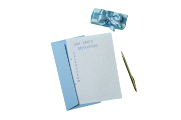 PNG, new year's resolutions, notebook with new year's decor, isolated on white background.