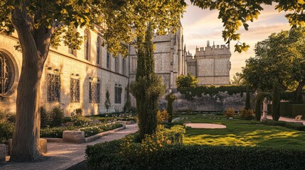 Sunset illuminates castle gardens, tranquil beauty.