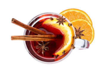 PNG, Mulled wine, drink in a glass with ingredients, isolated on white background