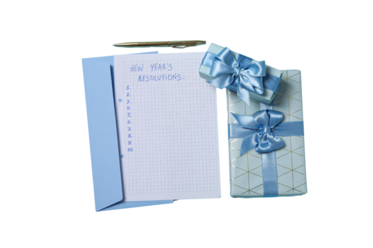PNG, new year's resolutions, notebook with new year's decor, isolated on white background.