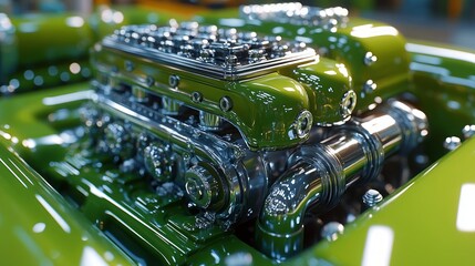 Close-up of a gleaming green classic car engine, showcasing intricate details and polished metal components.