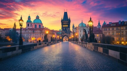 Fototapeta premium Historic European city skyline, cobblestone streets, river running through, twilight, 