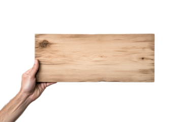 Hand holding wooden plank mockup transparency png natural environment close-up view for design use