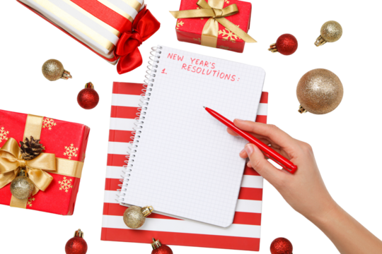 PNG, new year's resolutions, notebook with new year's decor, isolated on white background.
