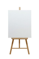 A blank white canvas on an easel, isolated in the middle of the frame against a pure white background, cutout PNG
