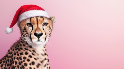 Cheetah celebrates christmas in a festive santa hat portrait