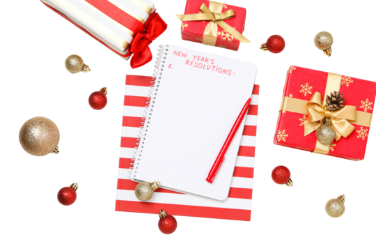 PNG, new year's resolutions, notebook with new year's decor, isolated on white background.