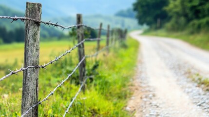 Fototapeta premium A rustic dirt road stretches alongside a barbed wire fence, with vibrant green hills in the background under clear skies