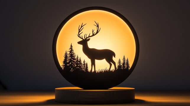 Illuminated deer silhouette in a circular wooden frame.