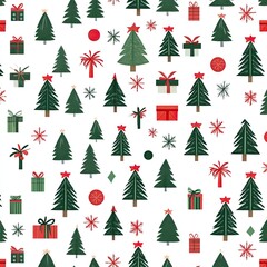 Festive holiday decorations featuring christmas trees gifts and ornaments on white background graphic design cheerful atmosphere bright colors