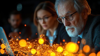 Senior businessman analyzing data on a futuristic digital interface with glowing orange network connections, collaborating with colleagues in a high-tech office environment.