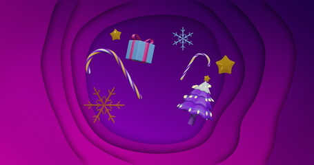 Christmas tree, decorations, gift and candy canes floating over purple background