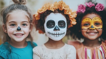 Three children dressed in colorful Halloween costumes and face paint smile together, celebrating the festive season.