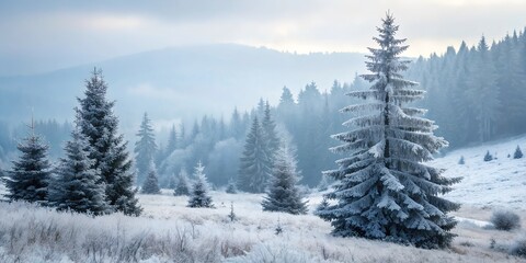 Fototapeta premium Serene Winter Landscape with Snow-Covered Pine Trees and Misty Forest