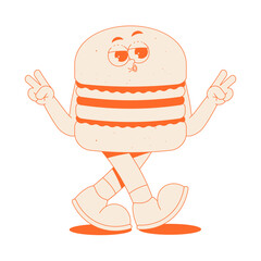 Funky burger character in trendy retro groovy style. Psychedelic walking fast food mascot with face, hands and legs. Cool vector sticker in monochrome palette