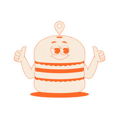 Funky burger character with location sign in trendy retro groovy style. Psychedelic fast food mascot with face and hands. Cool vector sticker in monochrome palette