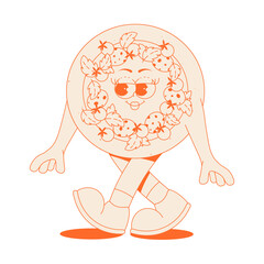 Funky round pizza character with pepperoni, tomatoes, basil in trendy retro groovy style. Psychedelic walking fast food mascot with face, hands and legs. Sticker in monochrome palette