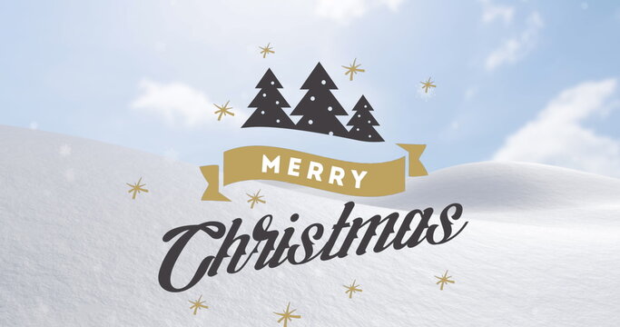 Image of snow falling over merry christmas text