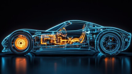 holographic representation of a car, showcasing its internal components and systems in a transparent, The car is outlined in glowing blue lines, with intricate details of its structure