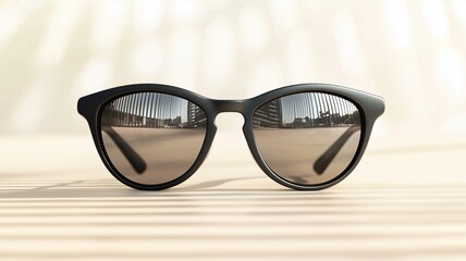 Photorealistic ad for luxury sunglasses with sleek frame, reflective lenses, and bright summer background
