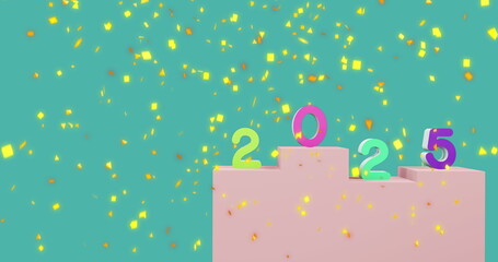 Image of 2025 text and christmas decorations in background