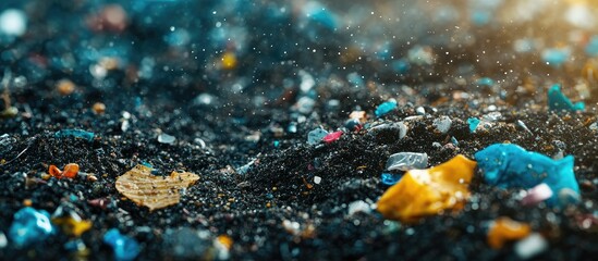Microplastics pollution in dark soil, close-up view showing colorful plastic debris.