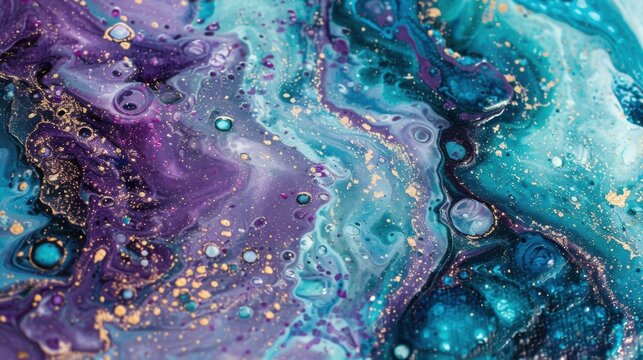 Fluid art features a stunning blend of dark purple and teal colors with shimmering gold accents, creating a captivating visual experience