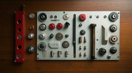 Fototapeta premium Collection of Mechanical Components on Wooden Surface for Crafts