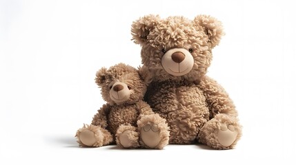 Obraz premium Two cuddly brown teddy bears, one large and one small, are sitting side by side with white background.