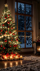 christmas tree in front of fireplace