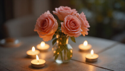 Bouquet of pink roses in a vase surrounded by candles on a wooden table