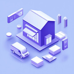 Minimalist modern illustration of shop with delivery van and items