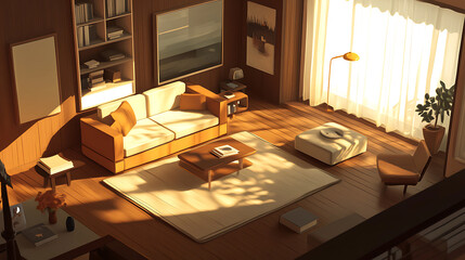 Minimalist living room in isometric style with warm lighting and decor