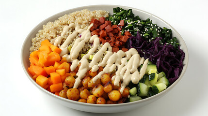vibrant vegan Buddha bowl featuring quinoa, chickpeas, and fresh vegetables